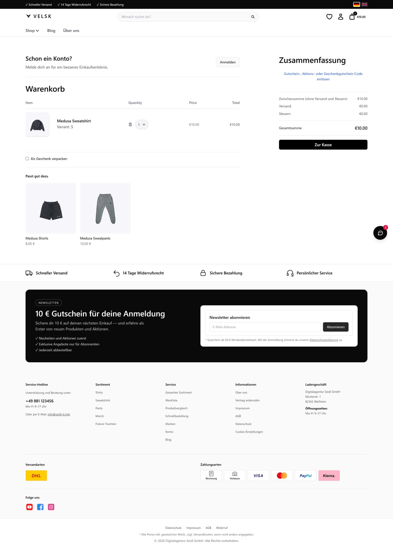 Warenkorb mit Versandkosten-Schätzung & Cross-Sell